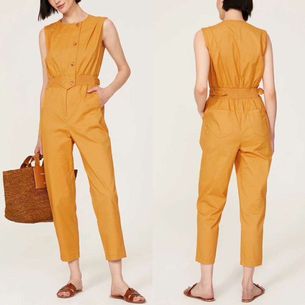 THAKOON Khaki Jumpsuit Women 4 Sleeveless Button Front Orange Cotton Blend